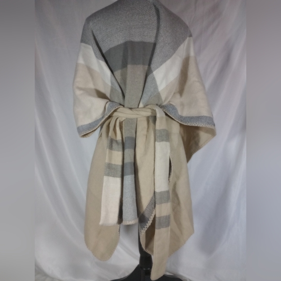 🤎 Emanuel Geraldo Women's Plaid Open-Front Ruana Poncho Wrap Belted One Size 🍂 - Picture 2 of 3